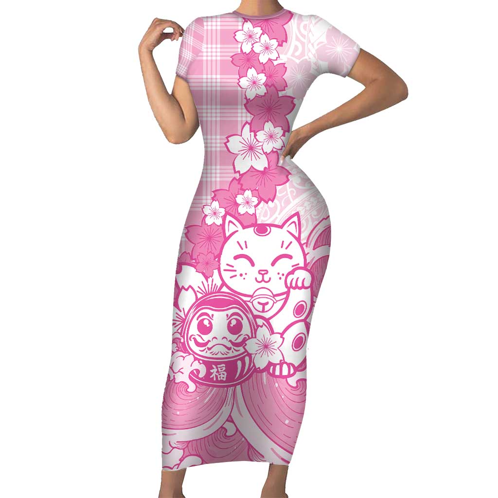 Pink Palaka Hawaiian And Japanese Short Sleeve Bodycon Dress Maneki Neko And Sakura Bloom