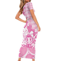 Pink Palaka Hawaiian And Japanese Short Sleeve Bodycon Dress Maneki Neko And Sakura Bloom