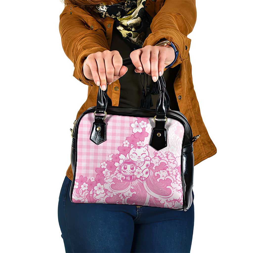 Pink Palaka Hawaiian And Japanese Shoulder Handbag Maneki Neko And Sakura Bloom DT05 One Size Pink - Polynesian Pride