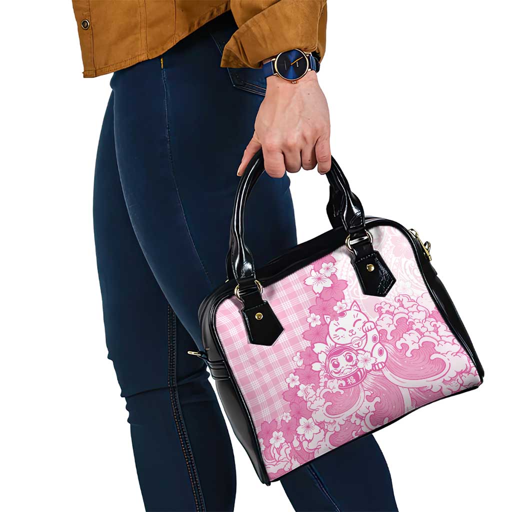 Pink Palaka Hawaiian And Japanese Shoulder Handbag Maneki Neko And Sakura Bloom DT05 - Polynesian Pride