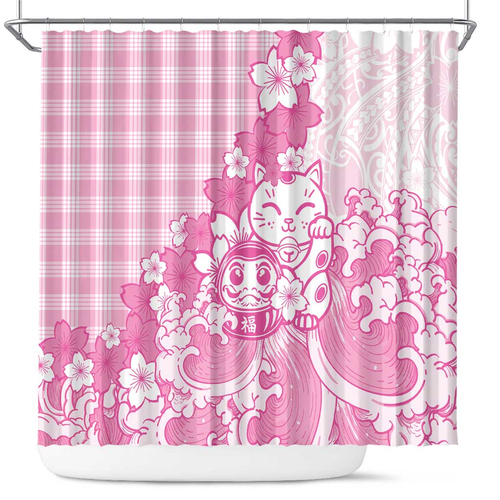 Pink Palaka Hawaiian And Japanese Shower Curtain Maneki Neko And Sakura Bloom DT05 Pink - Polynesian Pride