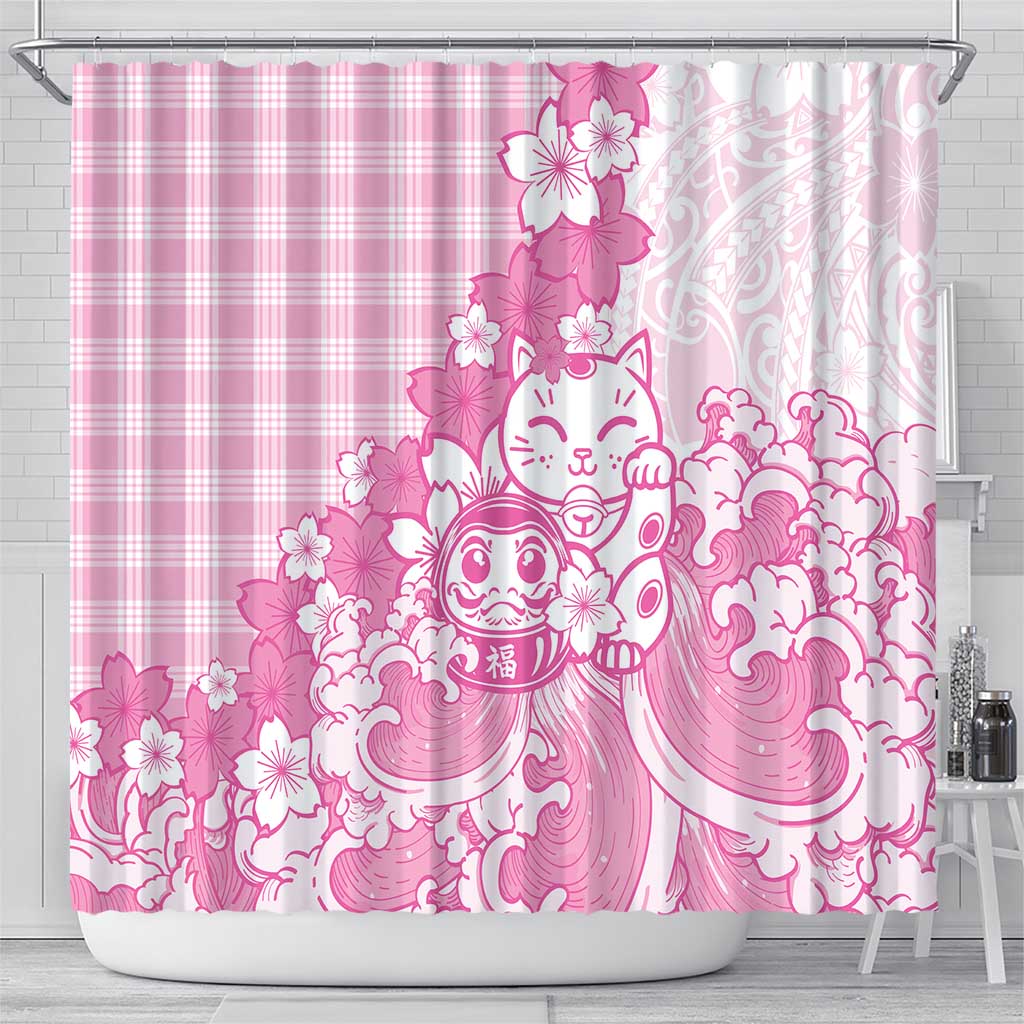 Pink Palaka Hawaiian And Japanese Shower Curtain Maneki Neko And Sakura Bloom DT05 - Polynesian Pride