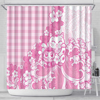 Pink Palaka Hawaiian And Japanese Shower Curtain Maneki Neko And Sakura Bloom DT05 - Polynesian Pride