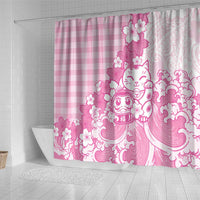 Pink Palaka Hawaiian And Japanese Shower Curtain Maneki Neko And Sakura Bloom DT05 - Polynesian Pride