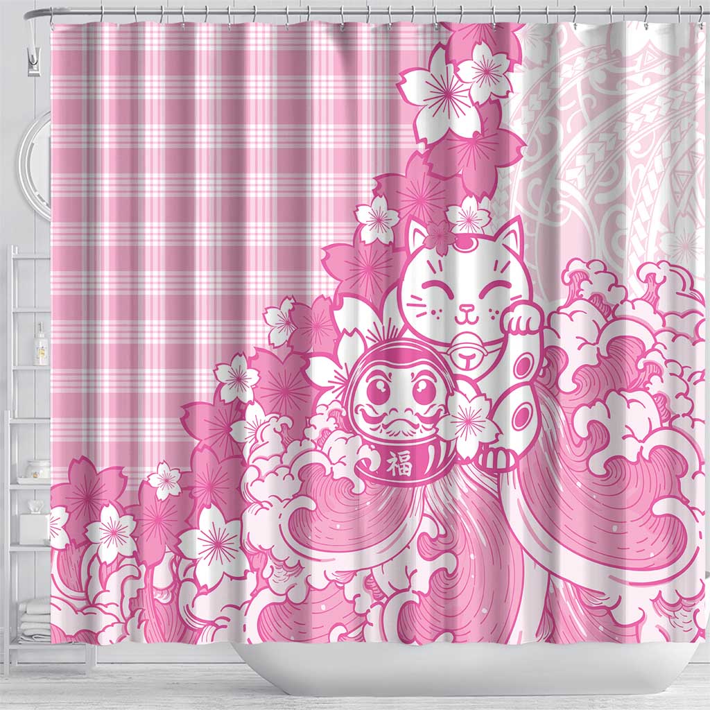 Pink Palaka Hawaiian And Japanese Shower Curtain Maneki Neko And Sakura Bloom DT05 - Polynesian Pride