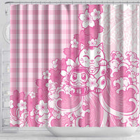 Pink Palaka Hawaiian And Japanese Shower Curtain Maneki Neko And Sakura Bloom DT05 - Polynesian Pride