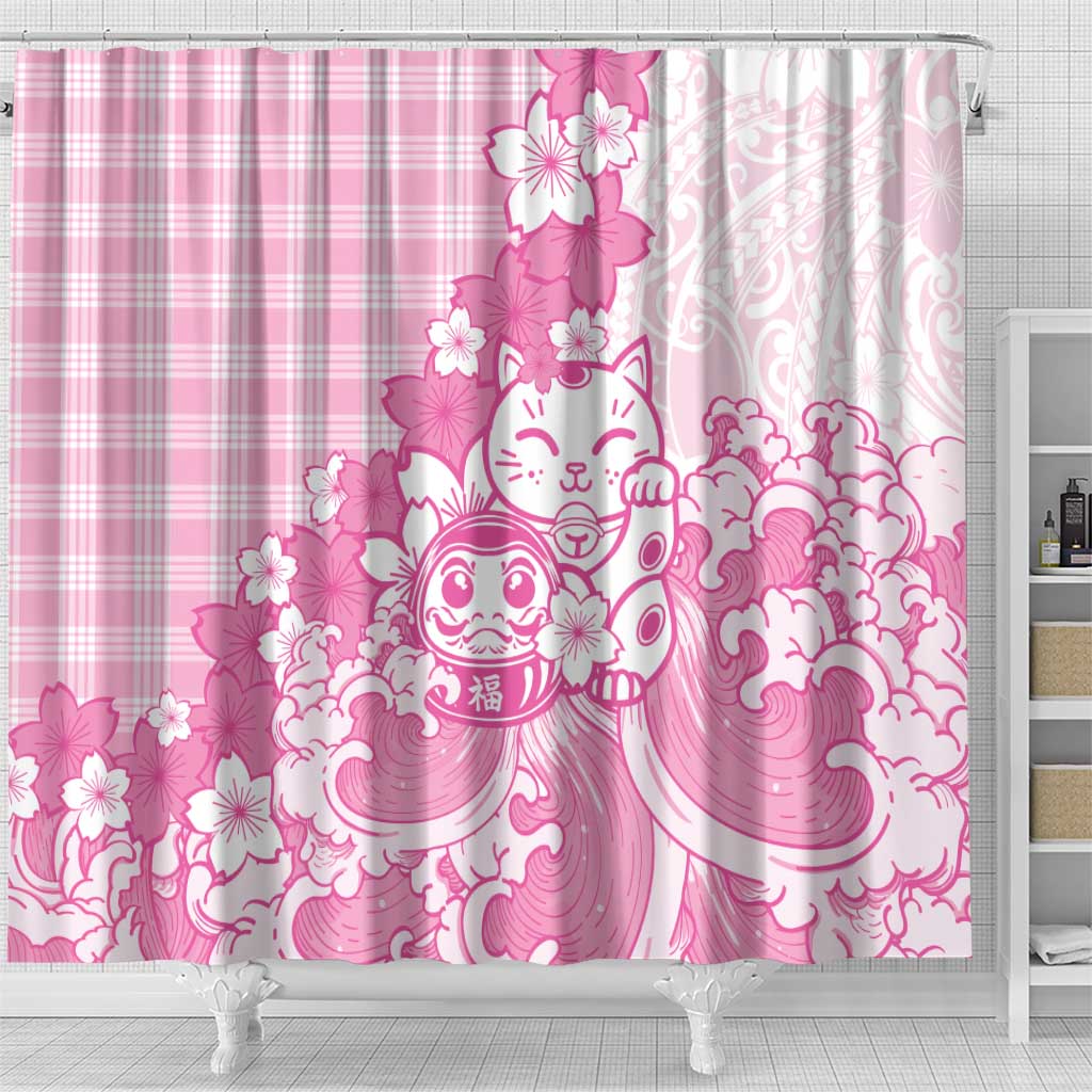 Pink Palaka Hawaiian And Japanese Shower Curtain Maneki Neko And Sakura Bloom DT05 - Polynesian Pride