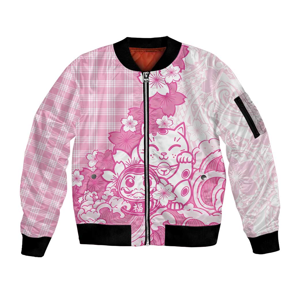 Pink Palaka Hawaiian And Japanese Sleeve Zip Bomber Jacket Maneki Neko And Sakura Bloom DT05 Unisex Pink - Polynesian Pride