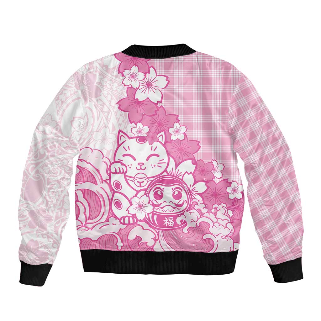 Pink Palaka Hawaiian And Japanese Sleeve Zip Bomber Jacket Maneki Neko And Sakura Bloom DT05 - Polynesian Pride