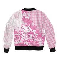 Pink Palaka Hawaiian And Japanese Sleeve Zip Bomber Jacket Maneki Neko And Sakura Bloom DT05 - Polynesian Pride