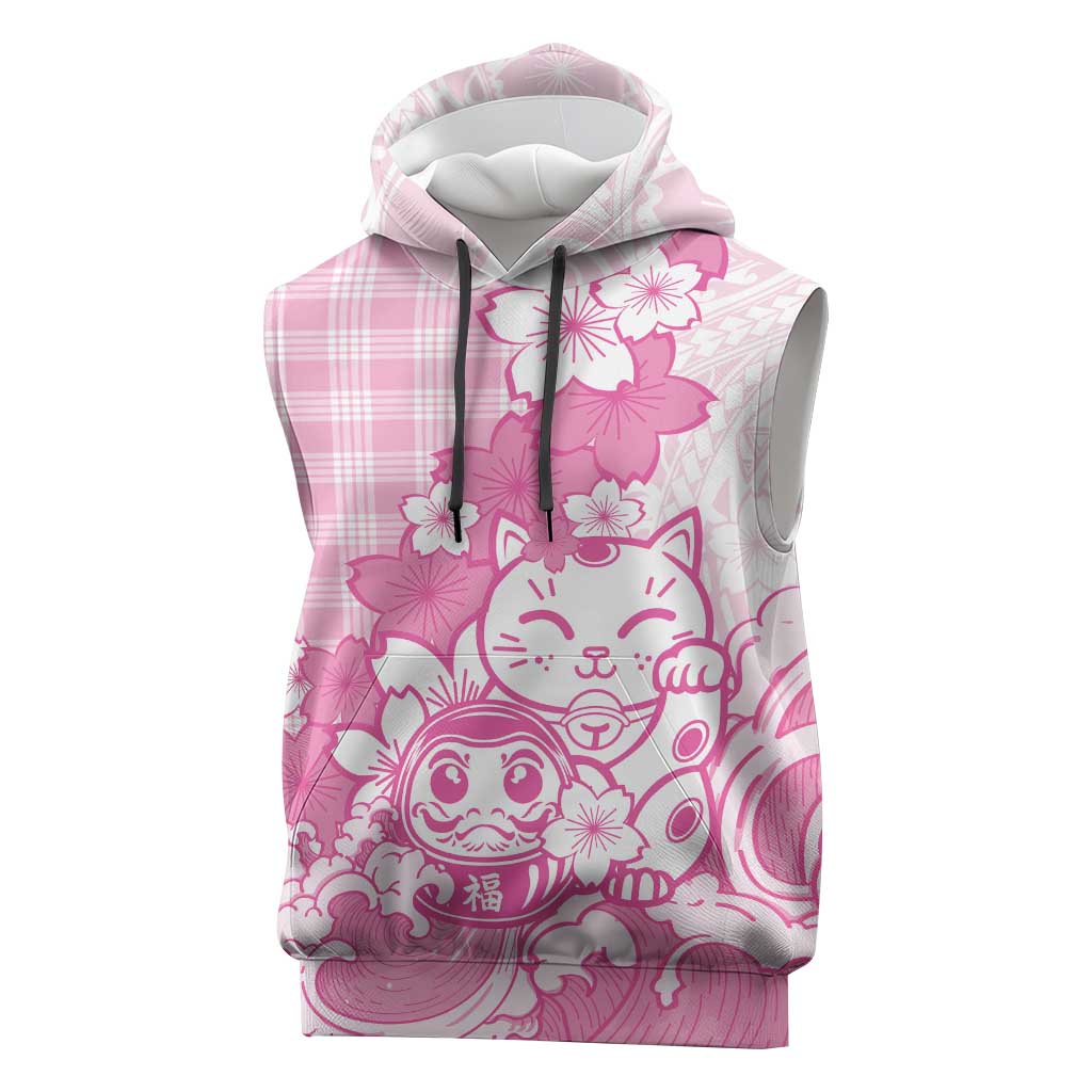 Pink Palaka Hawaiian And Japanese Sleeveless Hoodie Maneki Neko And Sakura Bloom
