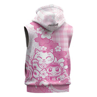 Pink Palaka Hawaiian And Japanese Sleeveless Hoodie Maneki Neko And Sakura Bloom