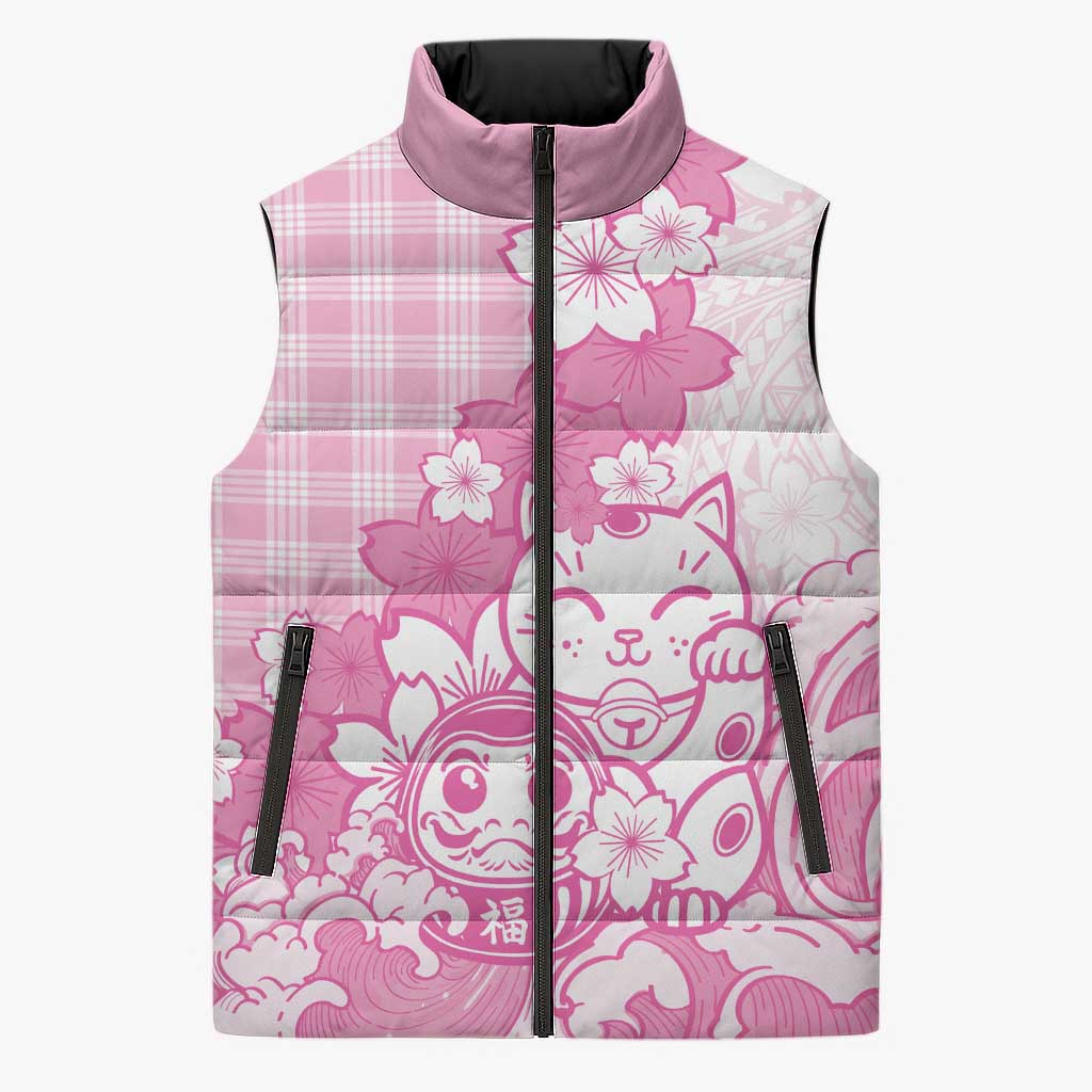 Pink Palaka Hawaiian And Japanese Sleeveless Puffer Jacket Maneki Neko And Sakura Bloom DT05 Unisex Pink - Polynesian Pride