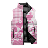 Pink Palaka Hawaiian And Japanese Sleeveless Puffer Jacket Maneki Neko And Sakura Bloom DT05 - Polynesian Pride