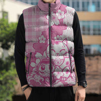 Pink Palaka Hawaiian And Japanese Sleeveless Puffer Jacket Maneki Neko And Sakura Bloom DT05 - Polynesian Pride