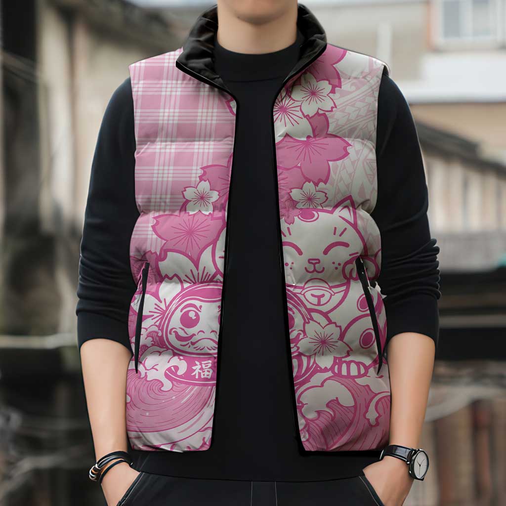Pink Palaka Hawaiian And Japanese Sleeveless Puffer Jacket Maneki Neko And Sakura Bloom DT05 - Polynesian Pride