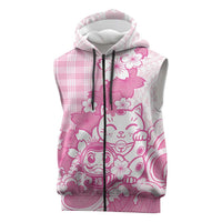 Pink Palaka Hawaiian And Japanese Sleeveless Zip Hoodie Maneki Neko And Sakura Bloom DT05 Pink - Polynesian Pride