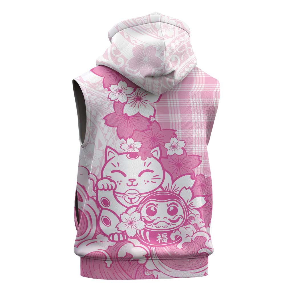 Pink Palaka Hawaiian And Japanese Sleeveless Zip Hoodie Maneki Neko And Sakura Bloom DT05 - Polynesian Pride