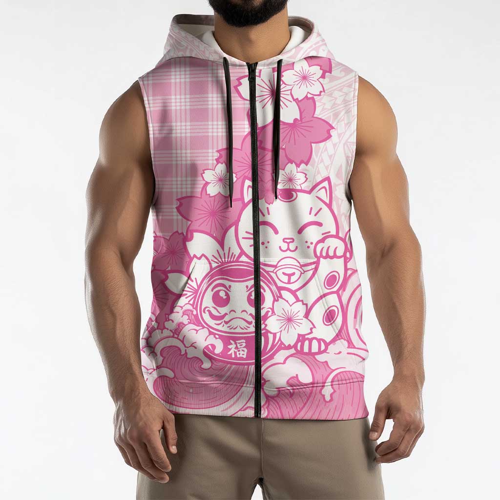 Pink Palaka Hawaiian And Japanese Sleeveless Zip Hoodie Maneki Neko And Sakura Bloom DT05 - Polynesian Pride