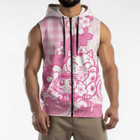 Pink Palaka Hawaiian And Japanese Sleeveless Zip Hoodie Maneki Neko And Sakura Bloom DT05 - Polynesian Pride