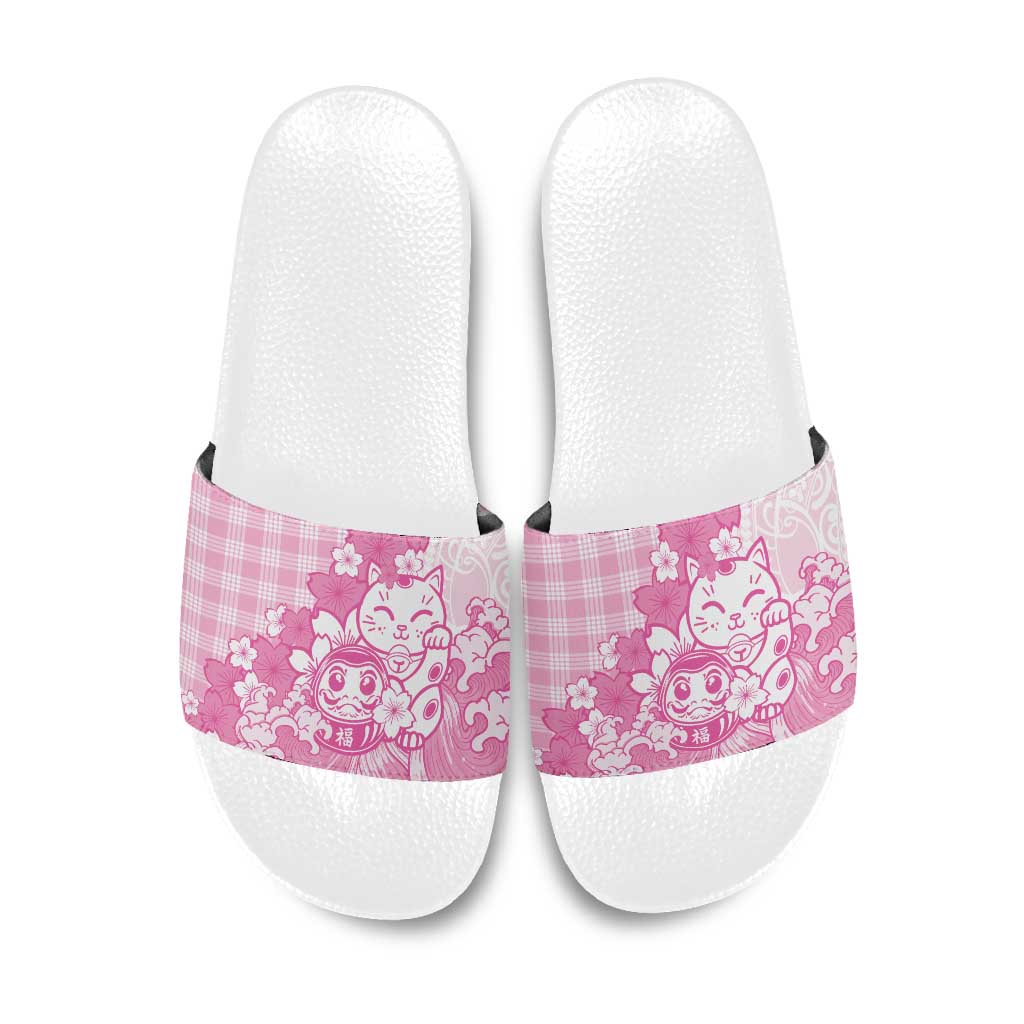 Pink Palaka Hawaiian And Japanese Slide Sandals Maneki Neko And Sakura Bloom DT05 Pink - Polynesian Pride