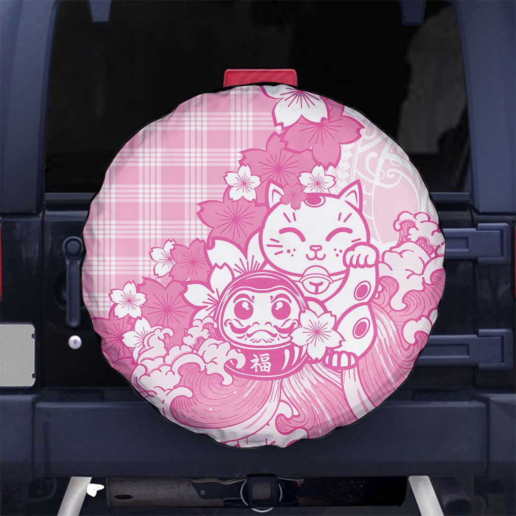 Pink Palaka Hawaiian And Japanese Spare Tire Cover Maneki Neko And Sakura Bloom DT05 No hole Pink - Polynesian Pride