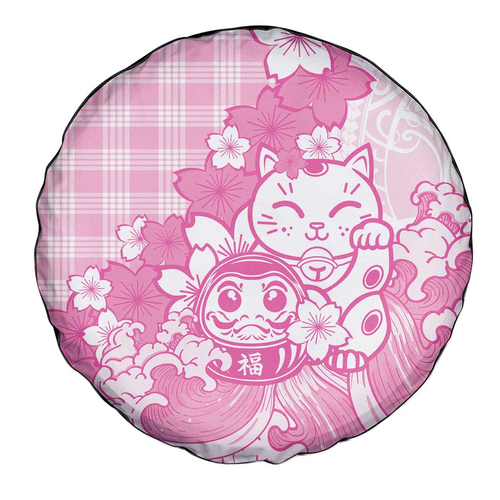 Pink Palaka Hawaiian And Japanese Spare Tire Cover Maneki Neko And Sakura Bloom DT05 - Polynesian Pride