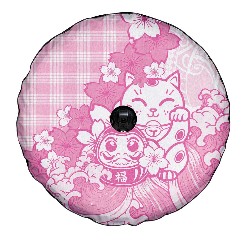 Pink Palaka Hawaiian And Japanese Spare Tire Cover Maneki Neko And Sakura Bloom DT05 - Polynesian Pride