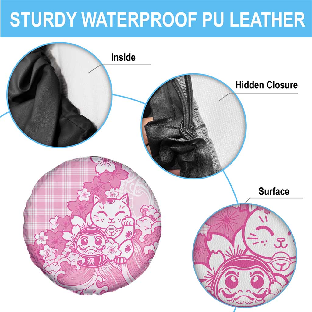 Pink Palaka Hawaiian And Japanese Spare Tire Cover Maneki Neko And Sakura Bloom DT05 - Polynesian Pride