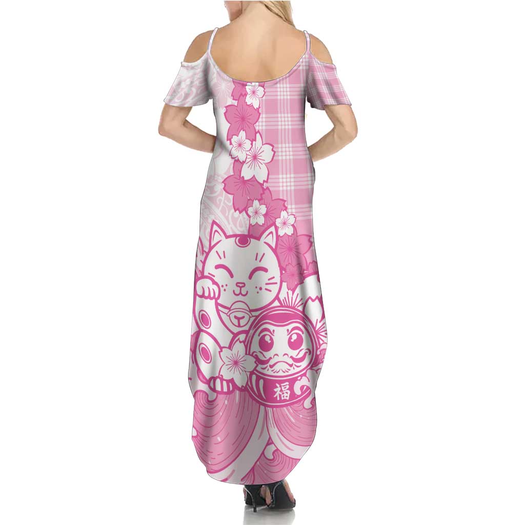 Pink Palaka Hawaiian And Japanese Summer Maxi Dress Maneki Neko And Sakura Bloom DT05 - Polynesian Pride