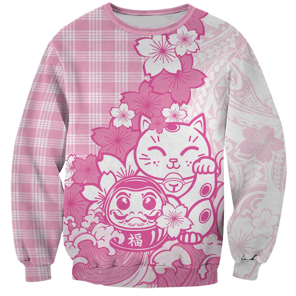 Pink Palaka Hawaiian And Japanese Sweatshirt Maneki Neko And Sakura Bloom DT05 Unisex Pink - Polynesian Pride
