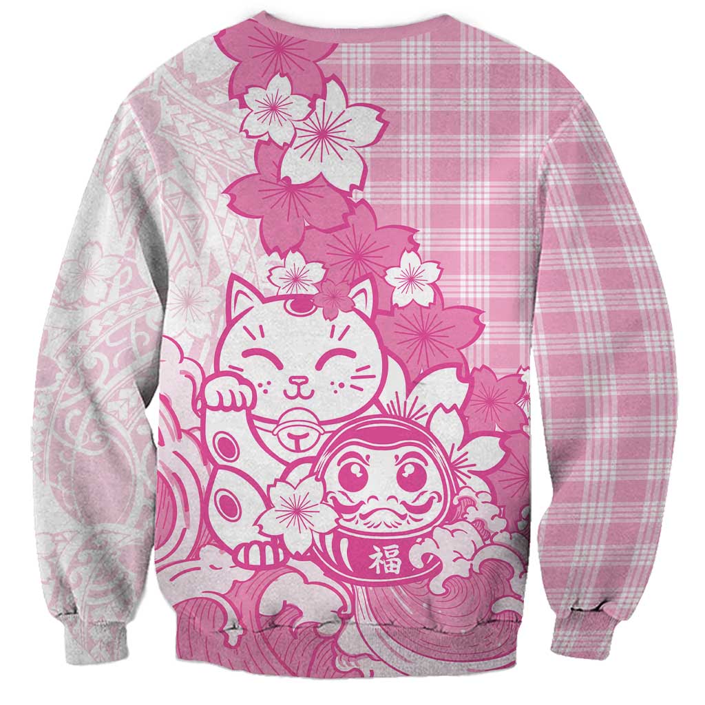 Pink Palaka Hawaiian And Japanese Sweatshirt Maneki Neko And Sakura Bloom DT05 - Polynesian Pride