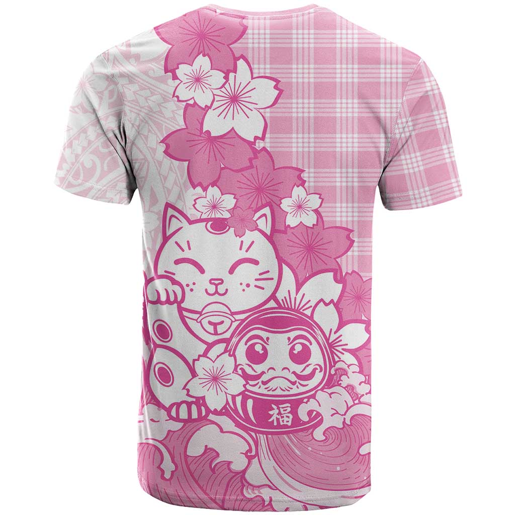 Pink Palaka Hawaiian And Japanese T Shirt Maneki Neko And Sakura Bloom DT05 - Polynesian Pride
