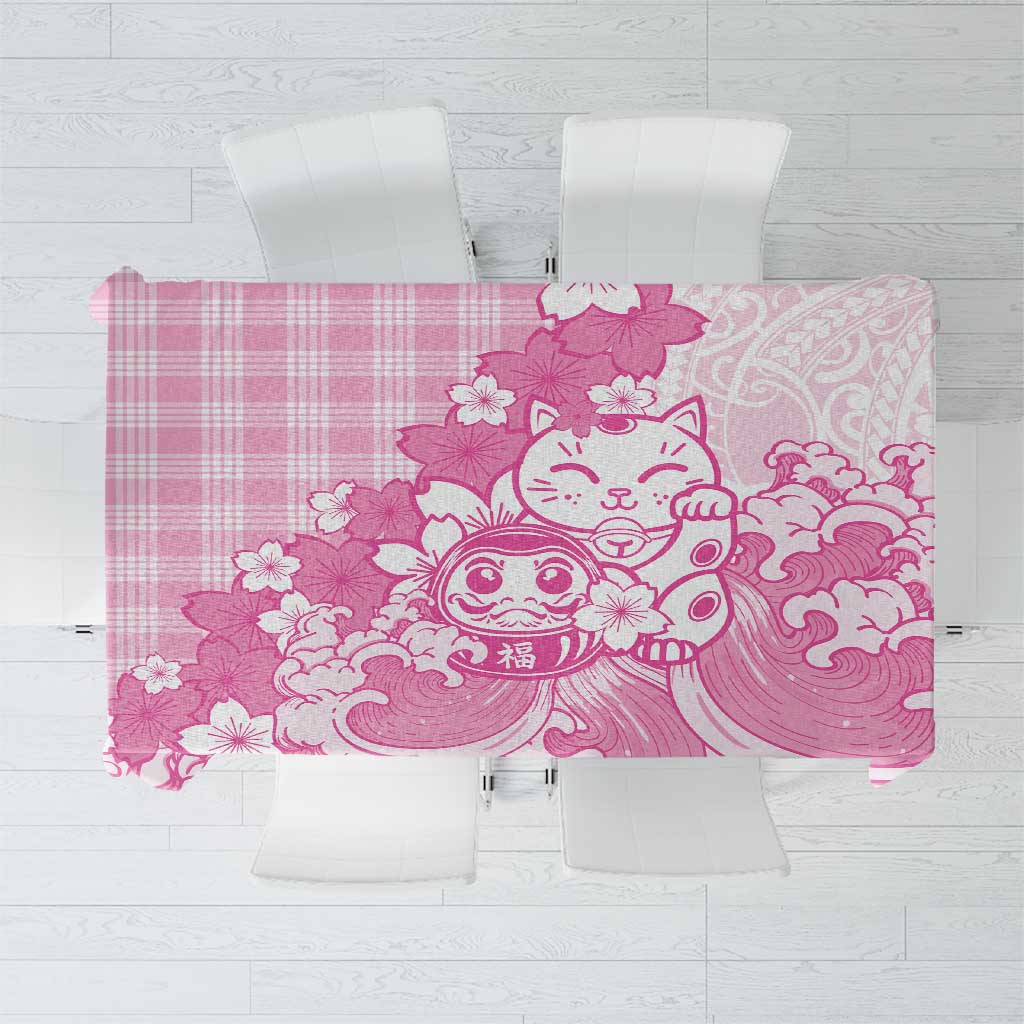 Pink Palaka Hawaiian And Japanese Tablecloth Maneki Neko And Sakura Bloom DT05 Pink - Polynesian Pride