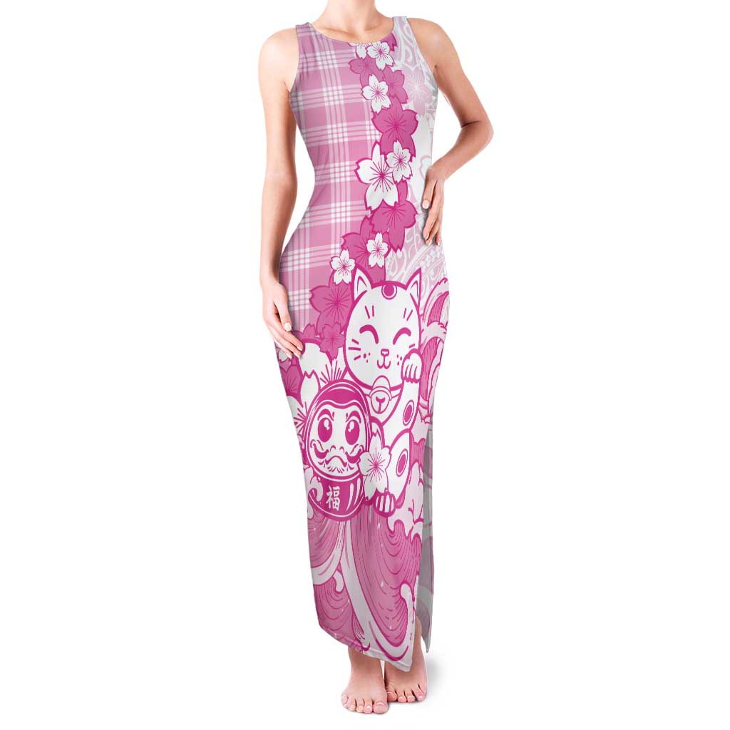 Pink Palaka Hawaiian And Japanese Tank Maxi Dress Maneki Neko And Sakura Bloom DT05 Women Pink - Polynesian Pride