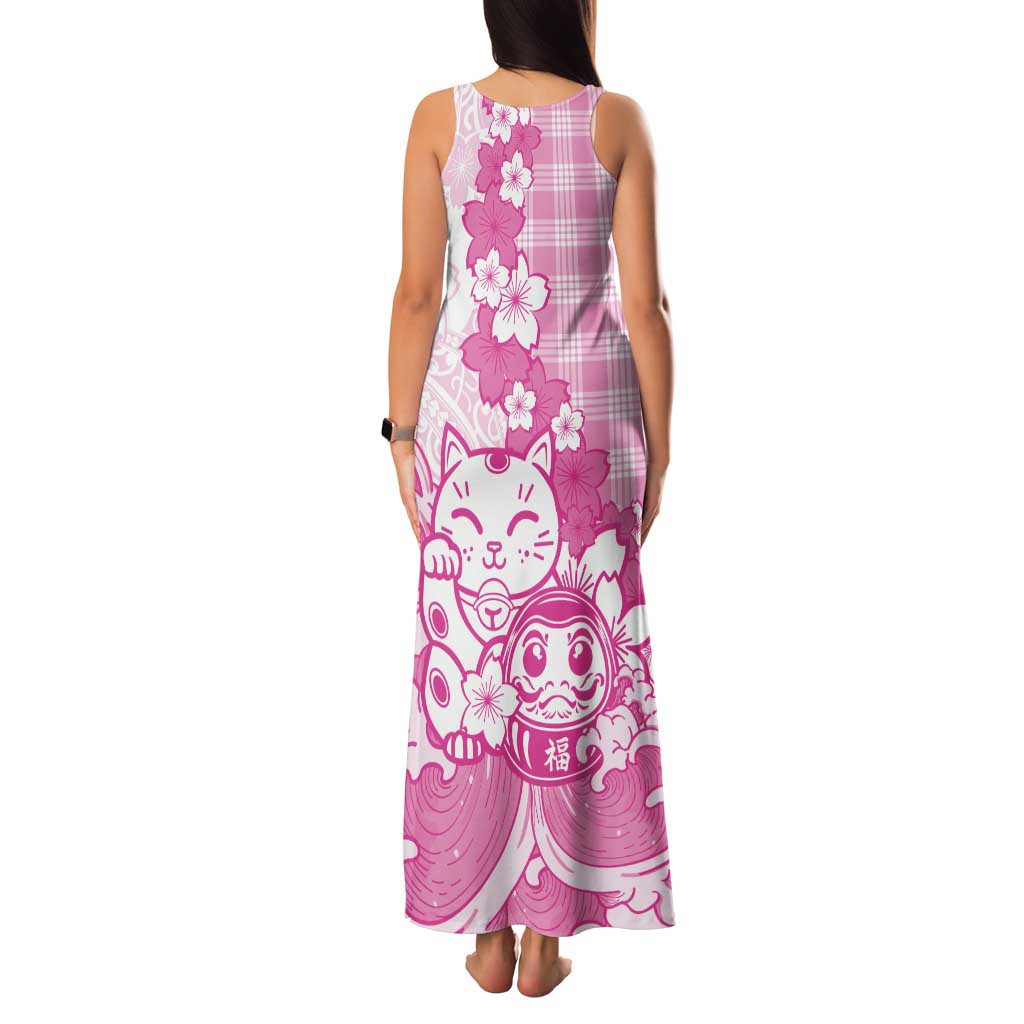 Pink Palaka Hawaiian And Japanese Tank Maxi Dress Maneki Neko And Sakura Bloom DT05 - Polynesian Pride