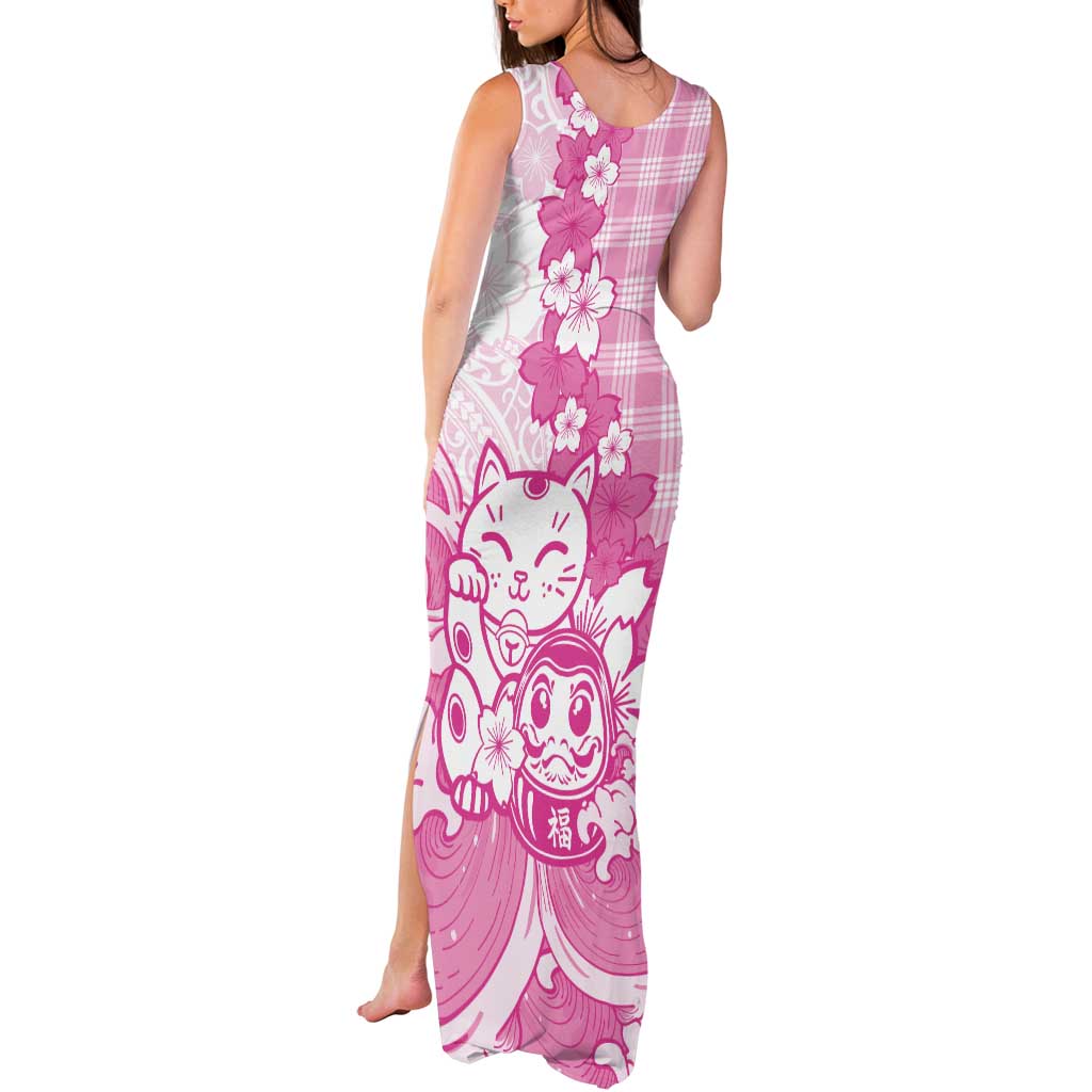Pink Palaka Hawaiian And Japanese Tank Maxi Dress Maneki Neko And Sakura Bloom DT05 - Polynesian Pride