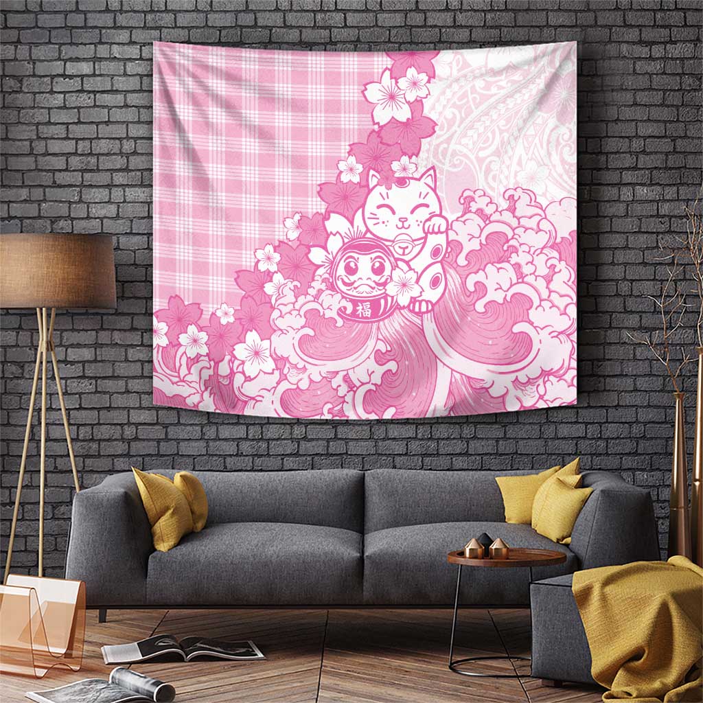 Pink Palaka Hawaiian And Japanese Tapestry Maneki Neko And Sakura Bloom DT05 Pink - Polynesian Pride
