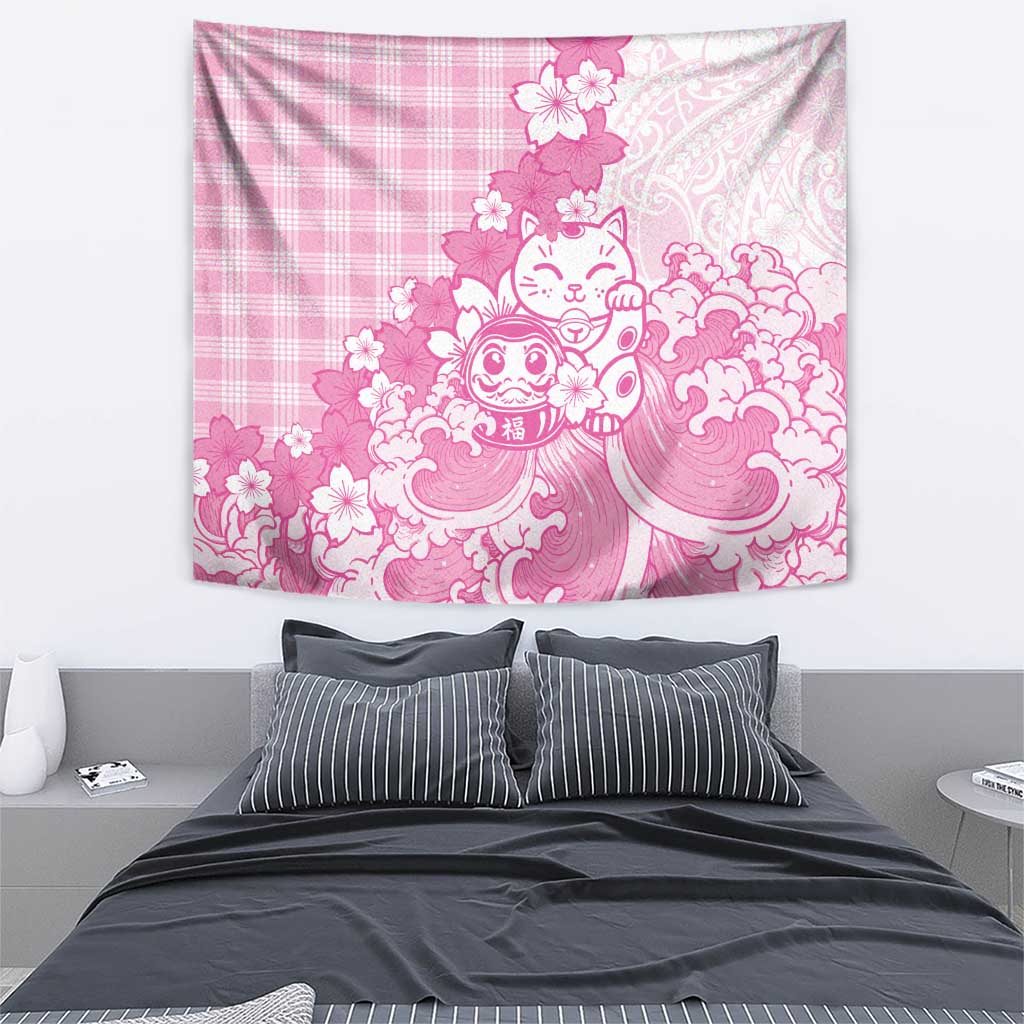 Pink Palaka Hawaiian And Japanese Tapestry Maneki Neko And Sakura Bloom DT05 - Polynesian Pride