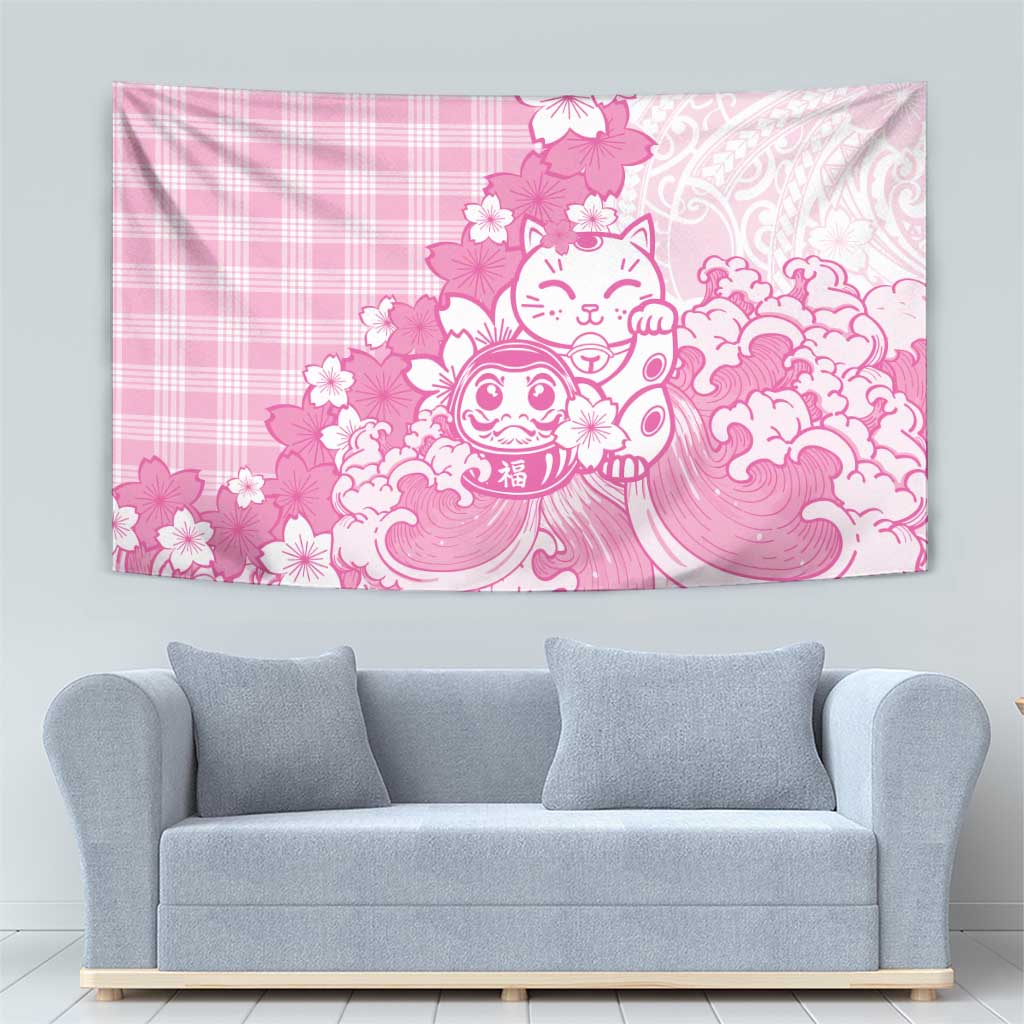 Pink Palaka Hawaiian And Japanese Tapestry Maneki Neko And Sakura Bloom DT05 - Polynesian Pride