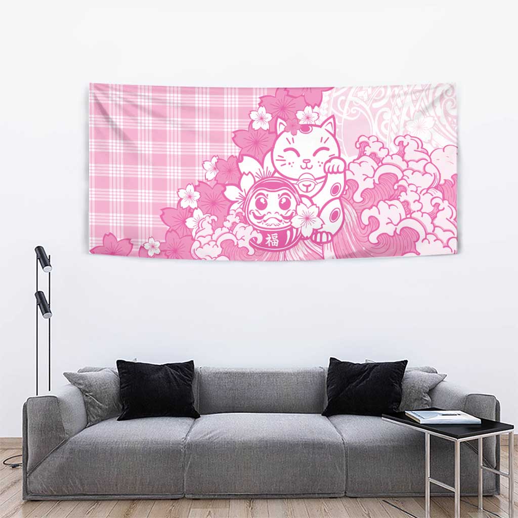 Pink Palaka Hawaiian And Japanese Tapestry Maneki Neko And Sakura Bloom DT05 - Polynesian Pride