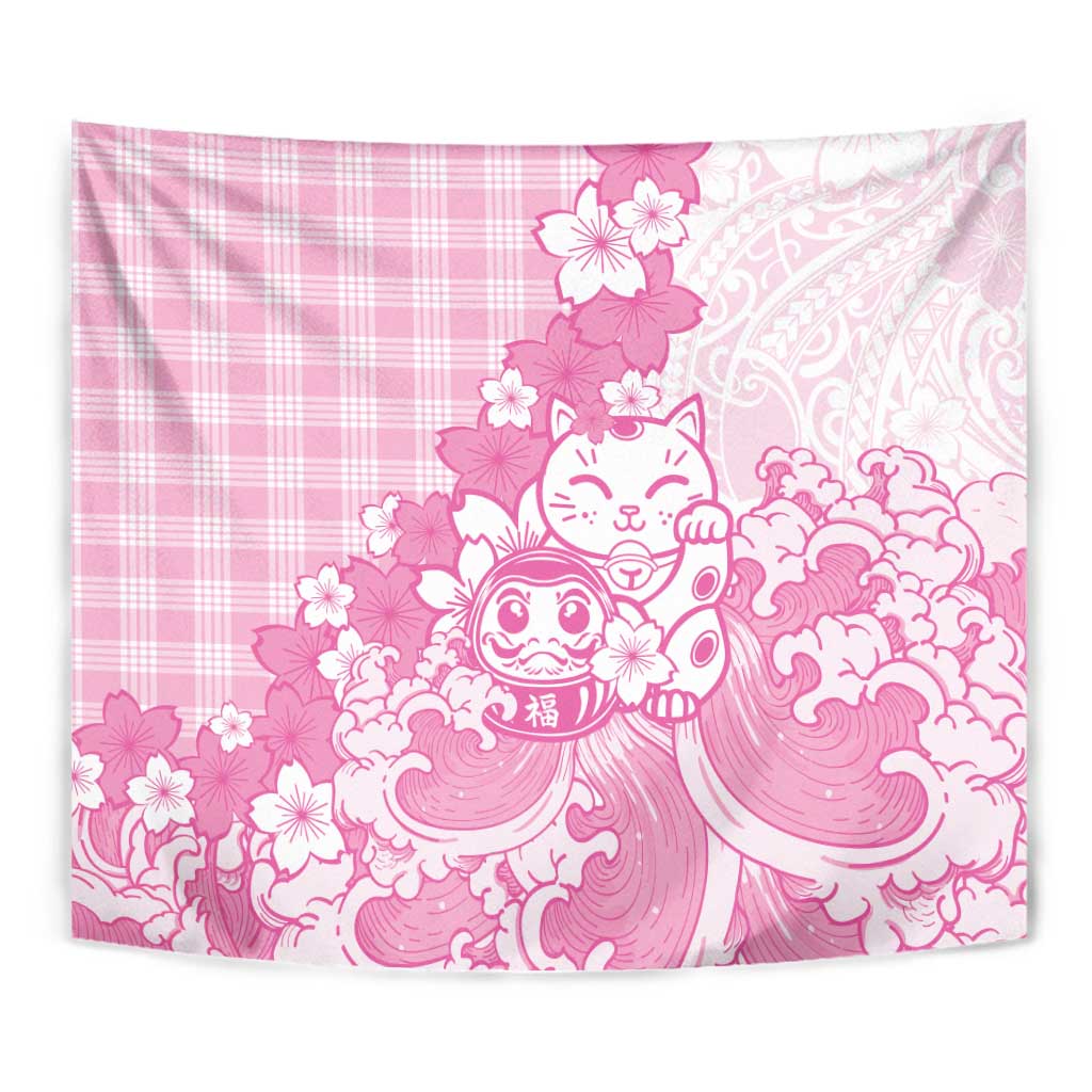 Pink Palaka Hawaiian And Japanese Tapestry Maneki Neko And Sakura Bloom DT05 - Polynesian Pride