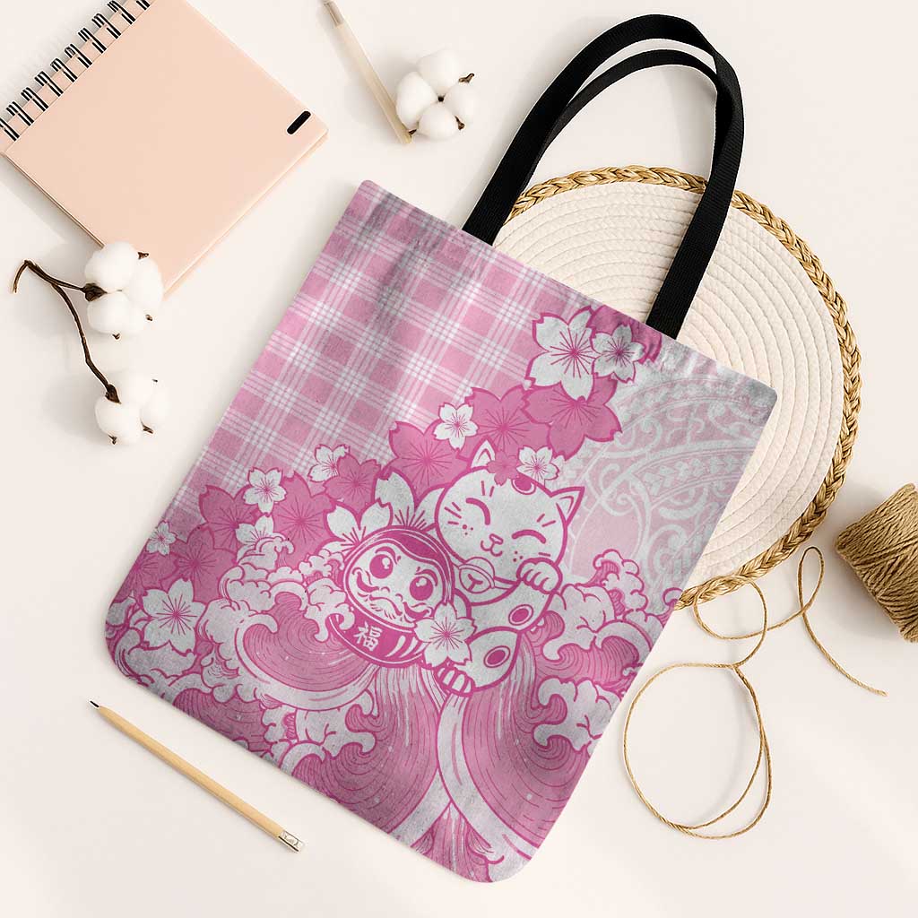 Pink Palaka Hawaiian And Japanese Tote Bag Maneki Neko And Sakura Bloom DT05 Black Strap One Size Pink - Polynesian Pride