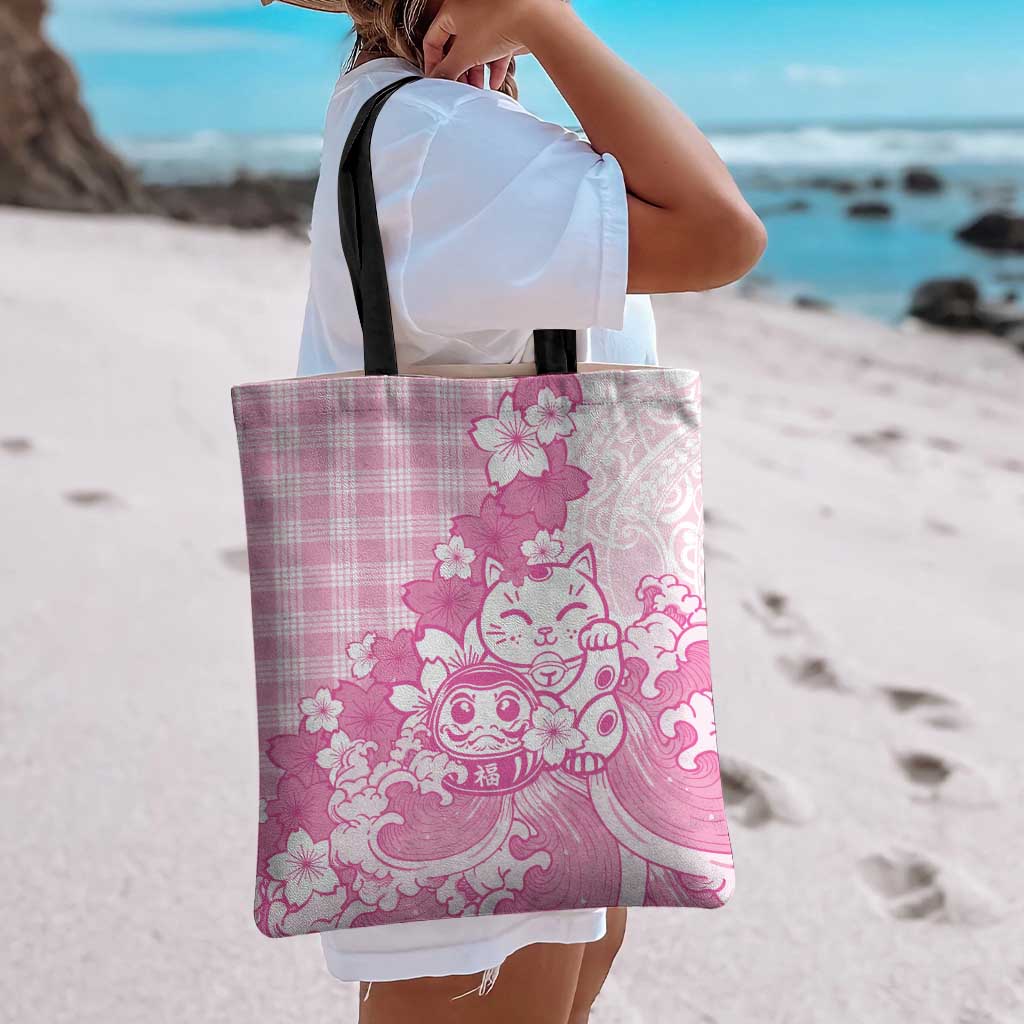Pink Palaka Hawaiian And Japanese Tote Bag Maneki Neko And Sakura Bloom DT05 - Polynesian Pride