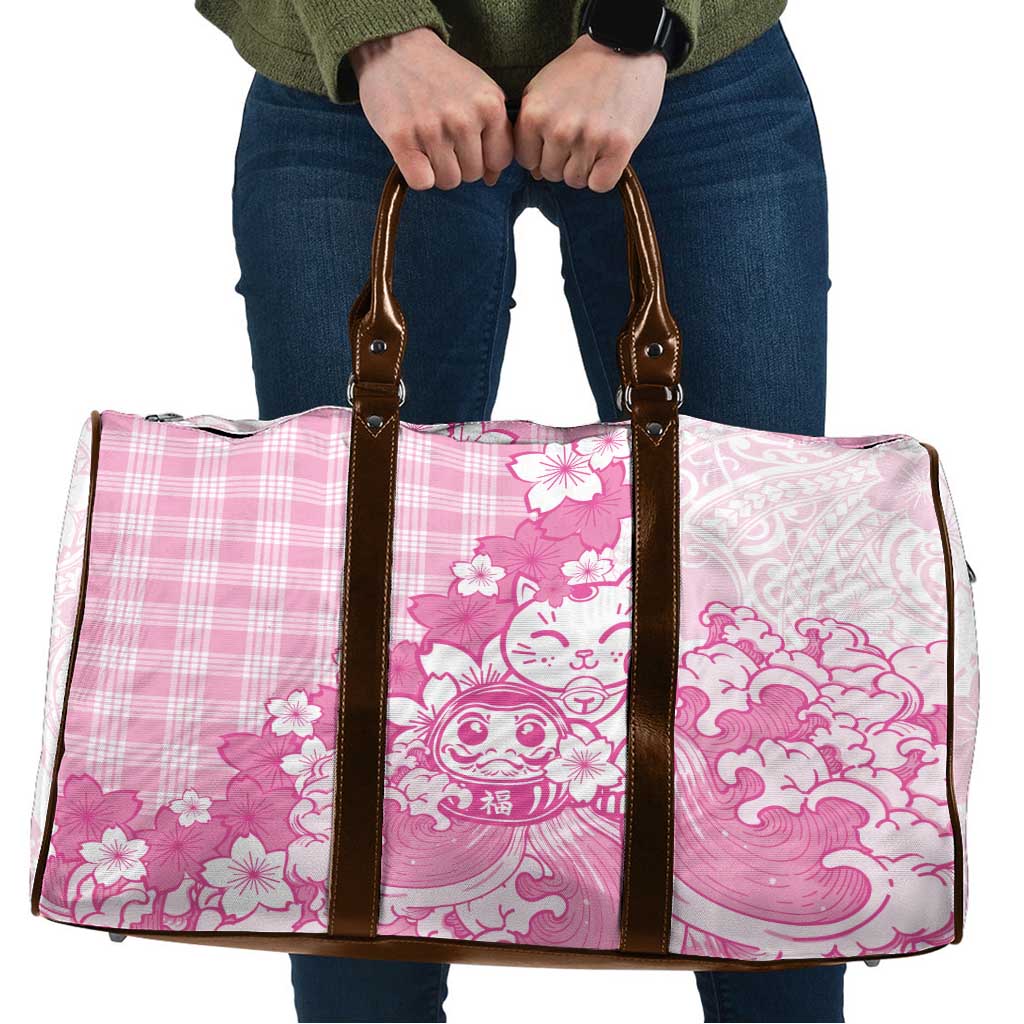 Pink Palaka Hawaiian And Japanese Travel Bag Maneki Neko And Sakura Bloom