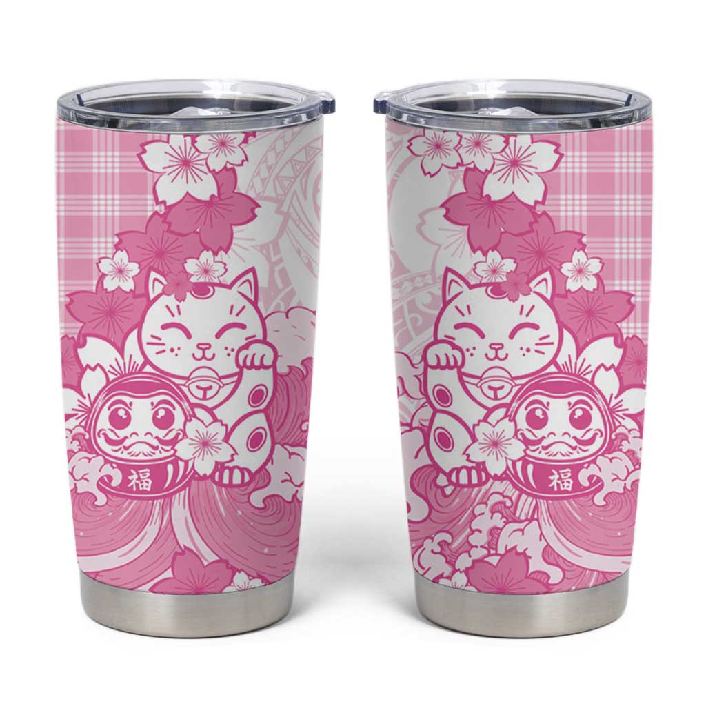 Pink Palaka Hawaiian And Japanese Tumbler Cup Maneki Neko And Sakura Bloom DT05 Pink - Polynesian Pride