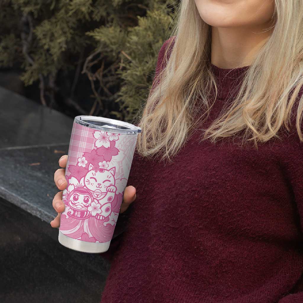Pink Palaka Hawaiian And Japanese Tumbler Cup Maneki Neko And Sakura Bloom DT05 - Polynesian Pride