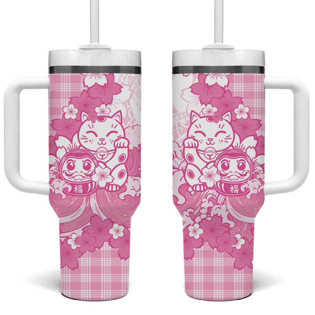 Pink Palaka Hawaiian And Japanese Tumbler With Handle Maneki Neko And Sakura Bloom DT05 One Size: 40 oz Pink - Polynesian Pride