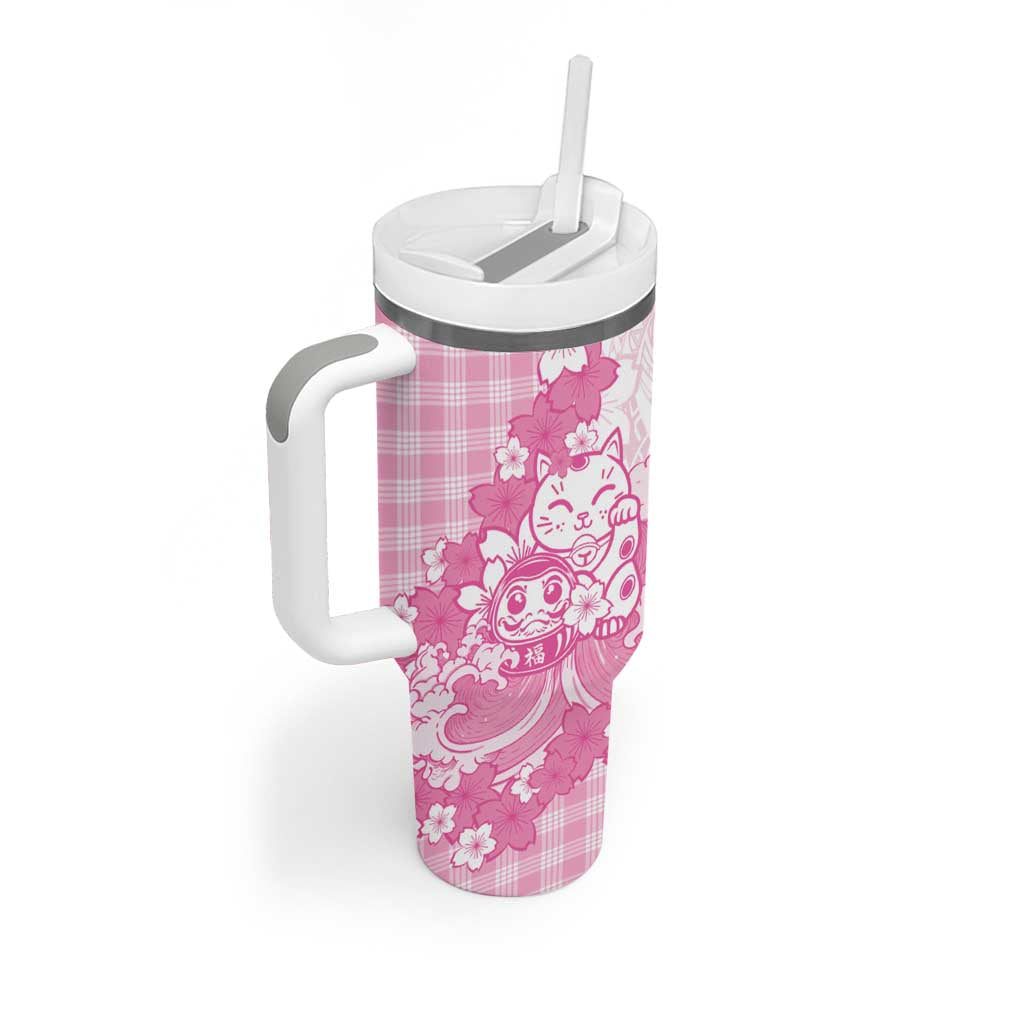 Pink Palaka Hawaiian And Japanese Tumbler With Handle Maneki Neko And Sakura Bloom DT05 - Polynesian Pride