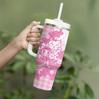 Pink Palaka Hawaiian And Japanese Tumbler With Handle Maneki Neko And Sakura Bloom DT05 - Polynesian Pride